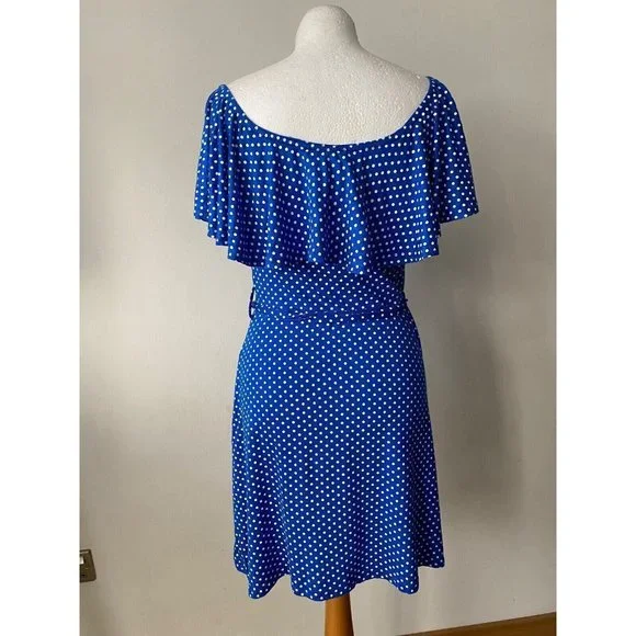 Quiz Royal Blue / White Polka Dot Dress Size 14 Off the Shoulder - Picture 4 of 4